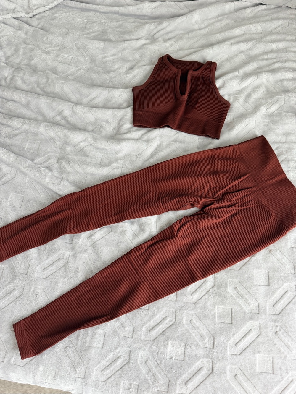 Ribbed High-Waist Leggings and Crop Top Set - Rust
